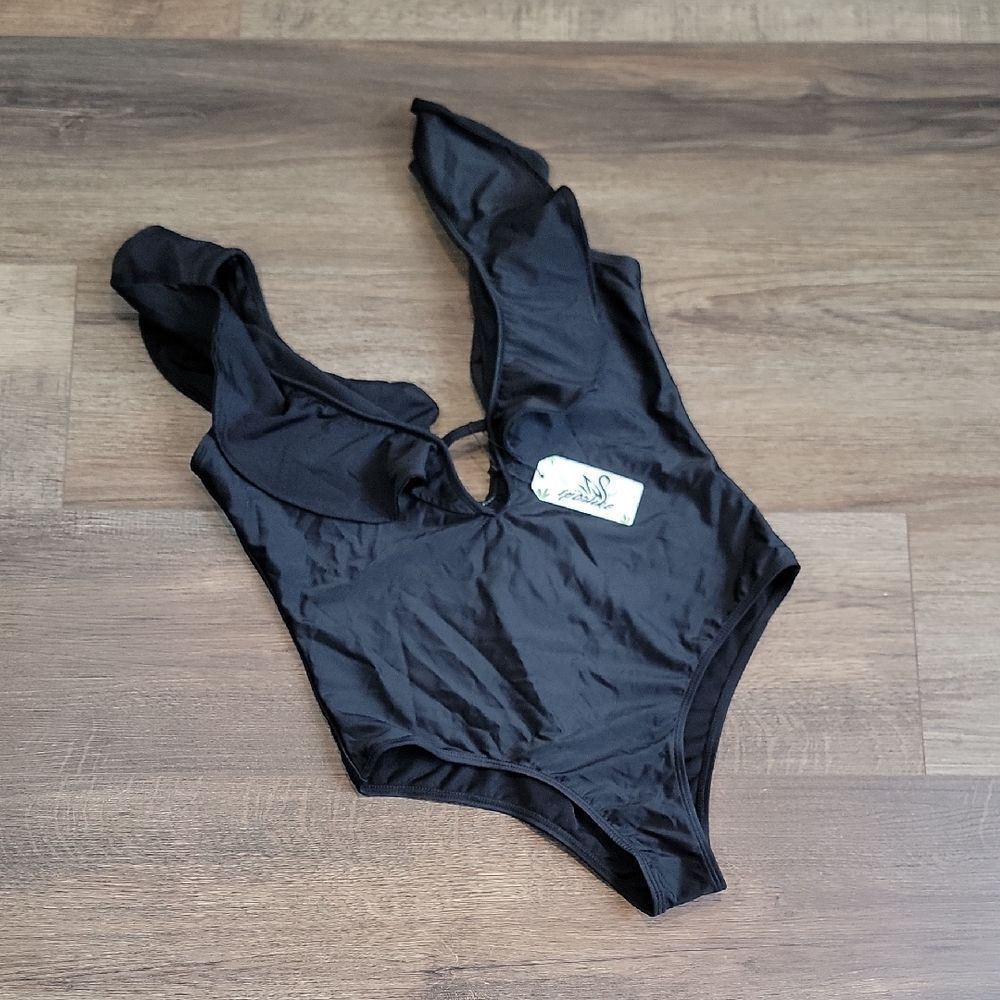 Sporlike One-Piece Deep V Black Ruffled Swimsuit NWT  Womens Size XL